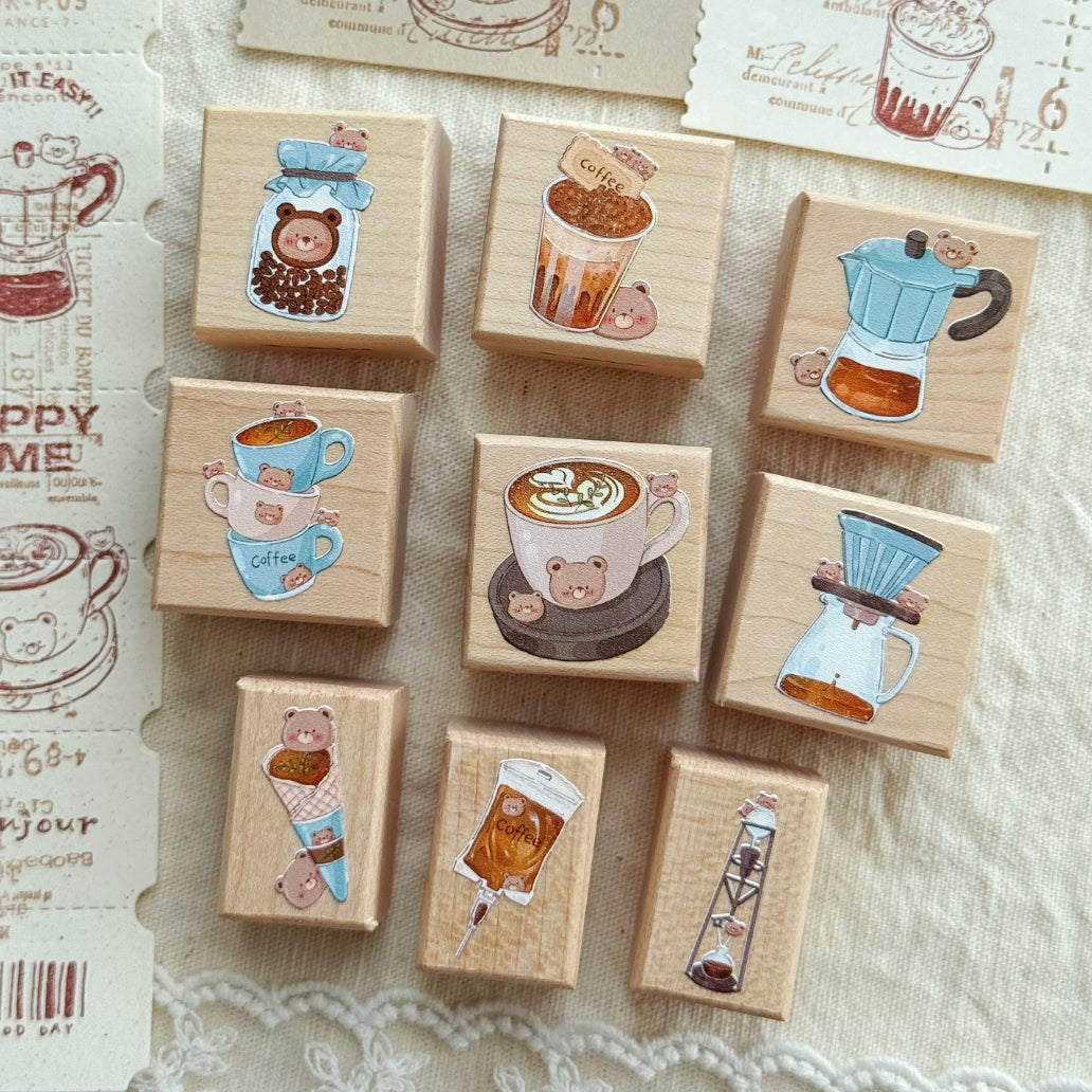 Bear Energy Coffee Wooden Rubber Stamp Set