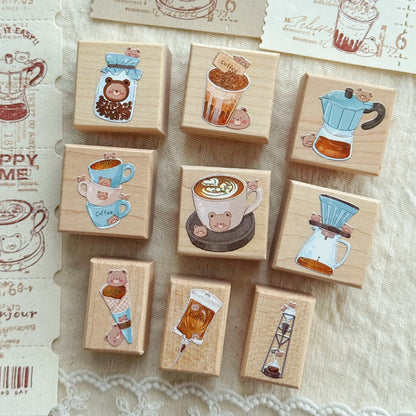 Bear Energy Coffee Wooden Rubber Stamp Set
