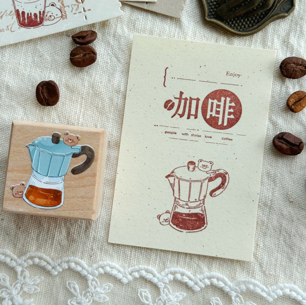 Bear Energy Coffee Wooden Rubber Stamp Set