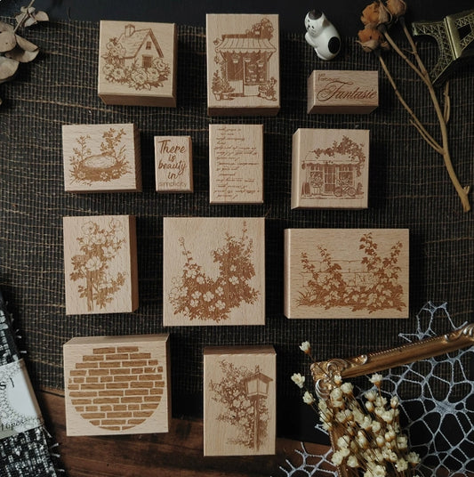 Blossom & Cottage Wooden Rubber Stamps