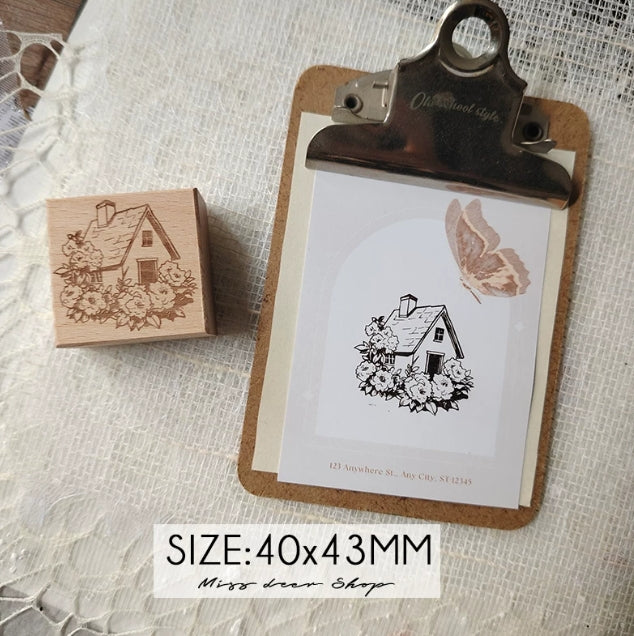 Blossom & Cottage Wooden Rubber Stamps